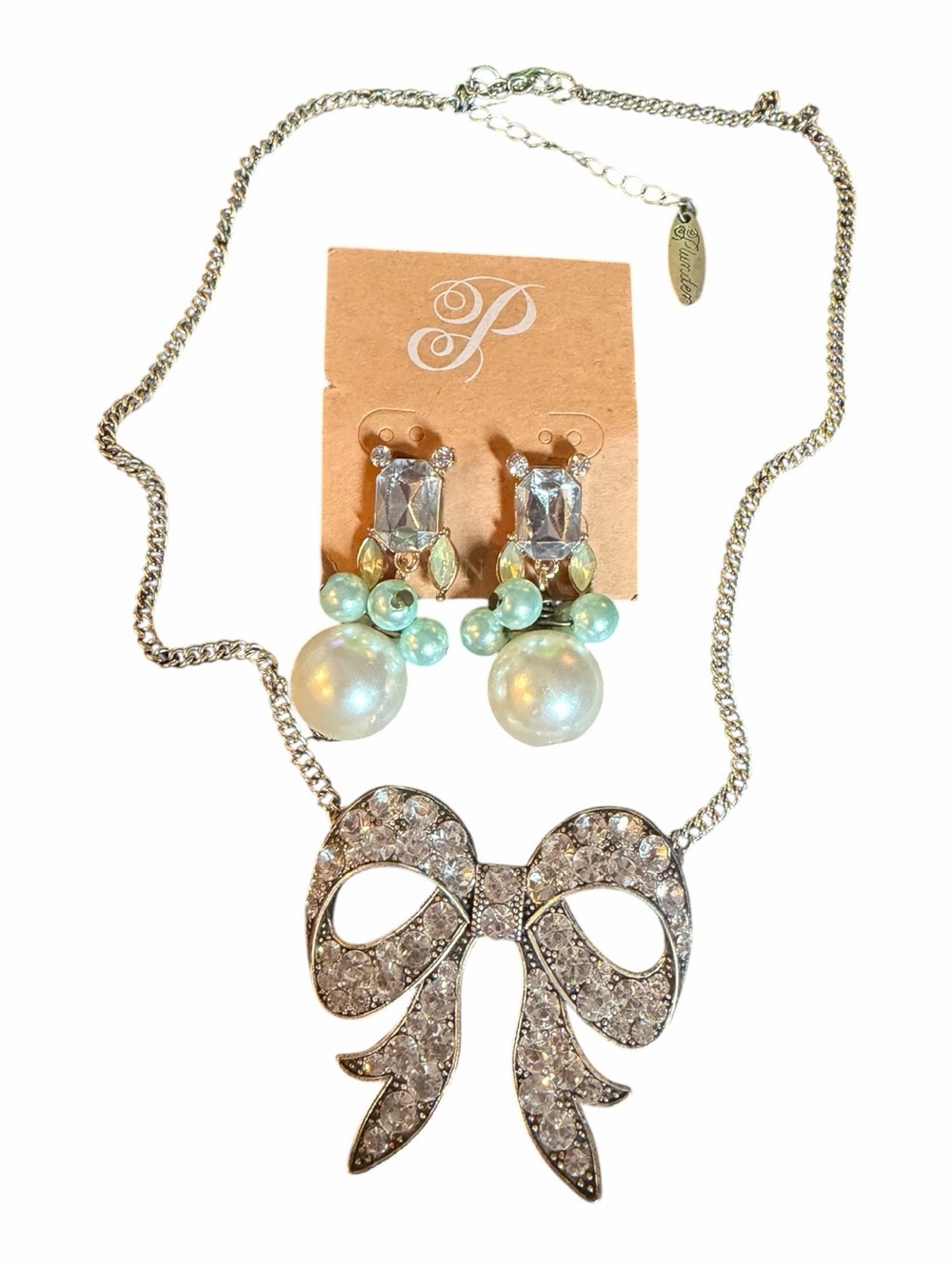 Plunder Silver Crystal Bow Necklace with Mint Pearl Drop Earrings